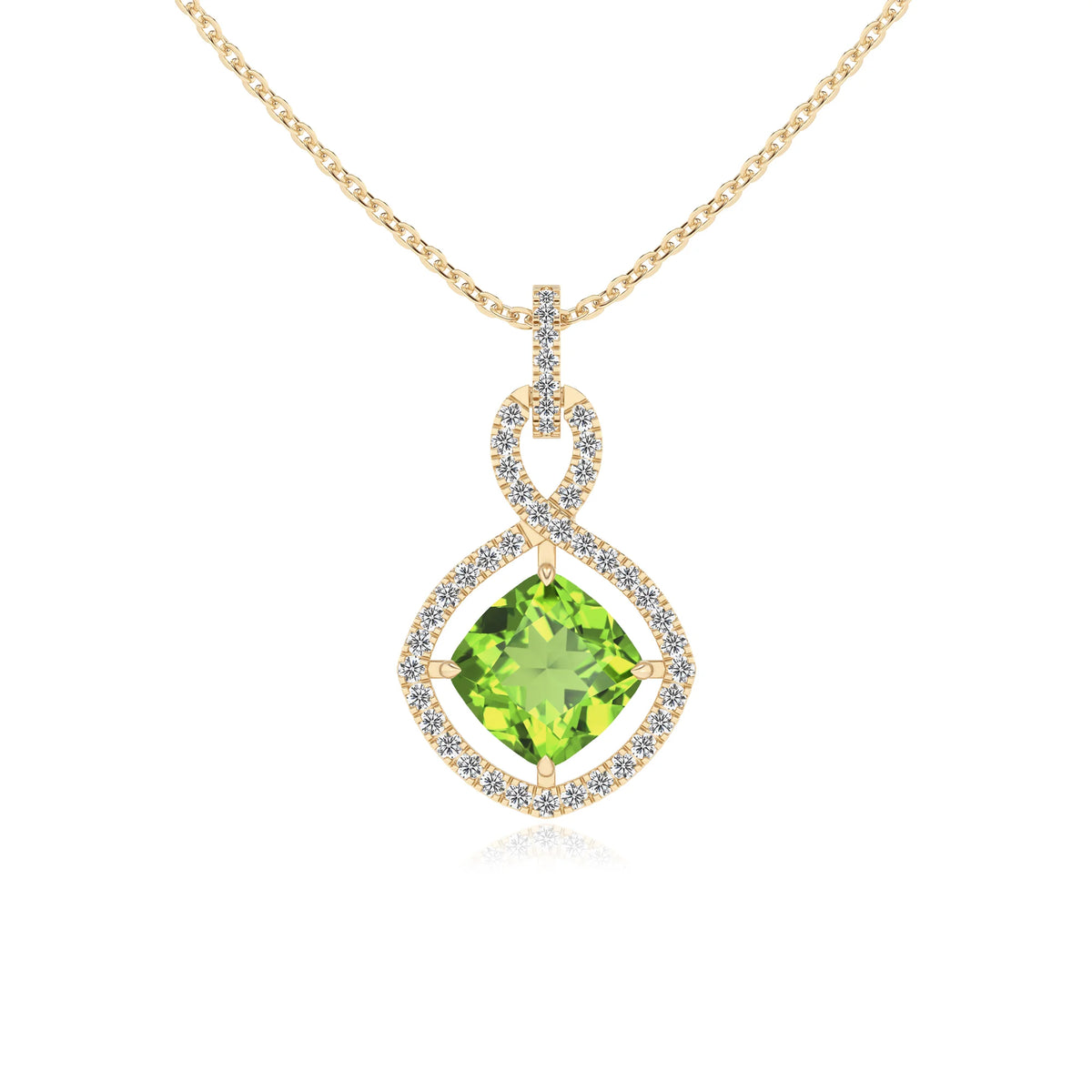 natural peridot cushion infinity necklaces in yellow gold 
