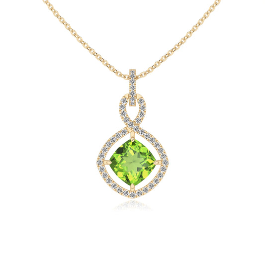 natural peridot cushion infinity necklaces in yellow gold 