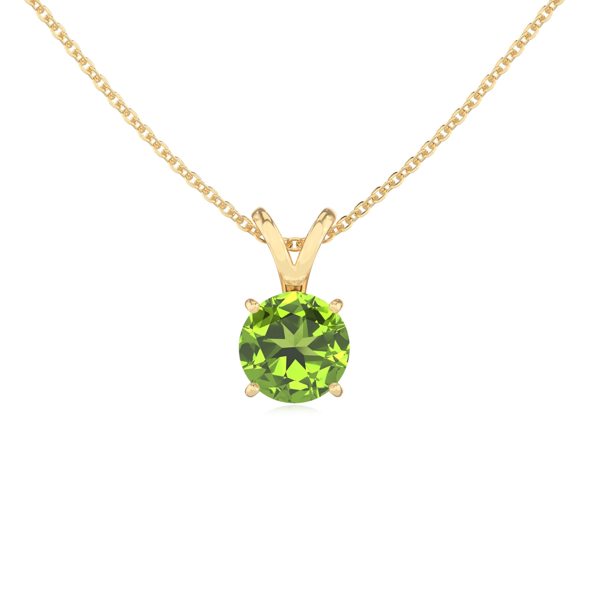 natural peridot round solitaire v-bale necklaces in yellow gold 