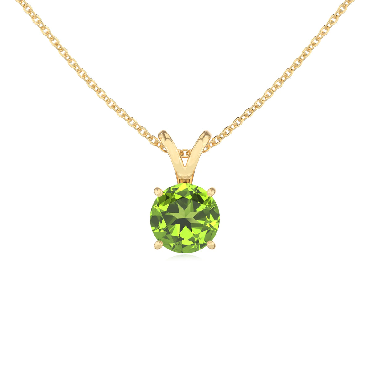 natural peridot round solitaire v-bale necklaces in yellow gold 