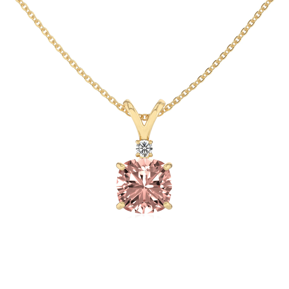 lab grown morganite cushion solitaire v-bale necklaces in yellow gold 