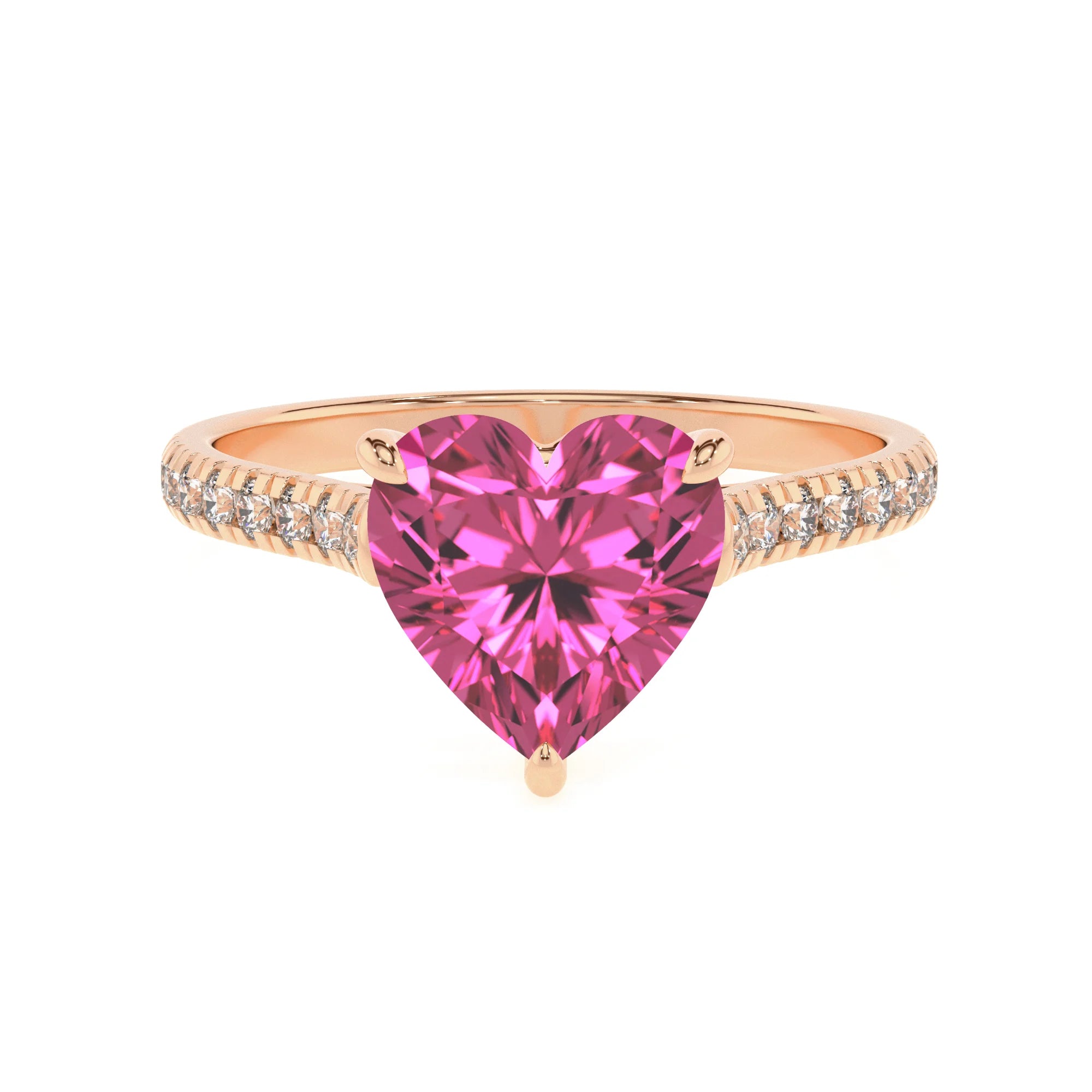 lab grown pink-sapphire heart half eternity solitaire engagement rings in rose gold 
