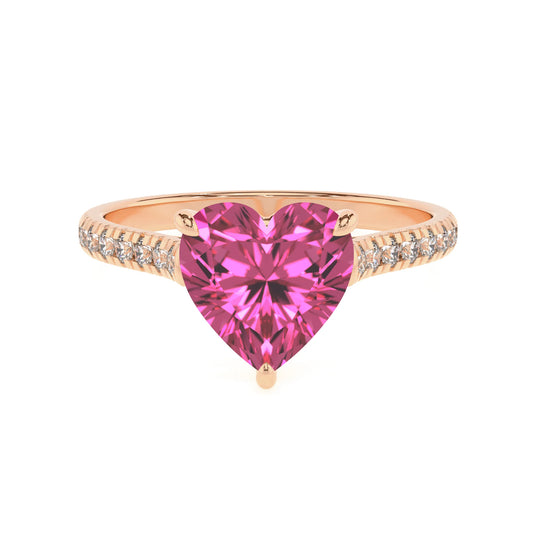 lab grown pink-sapphire heart half eternity solitaire engagement rings in rose gold 