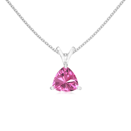 lab grown pink-sapphire trillion solitaire v-bale necklaces in platinum 