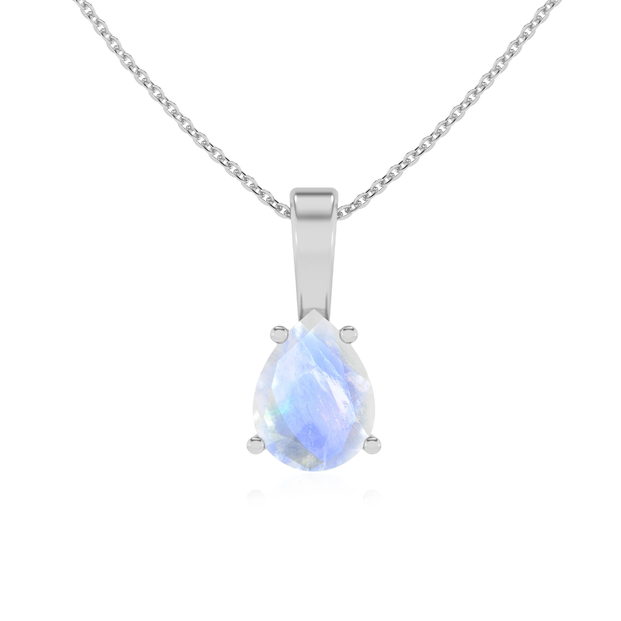 natural rainbow-moonstone pear solitaire necklaces in white gold 