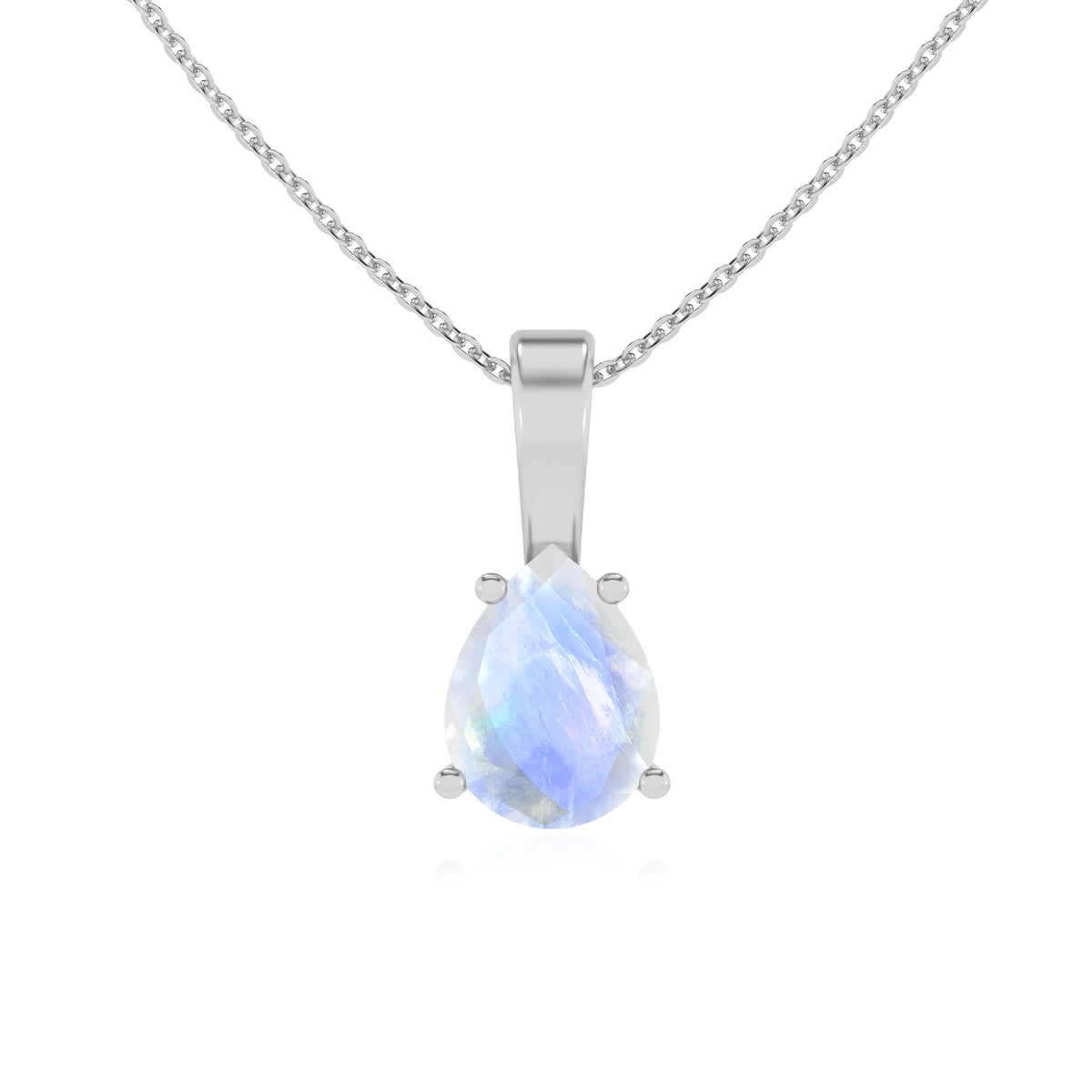 natural rainbow-moonstone pear solitaire necklaces in white gold 