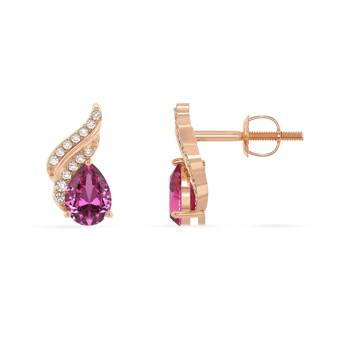lab grown pink sapphire pear stud earrings in rose gold 