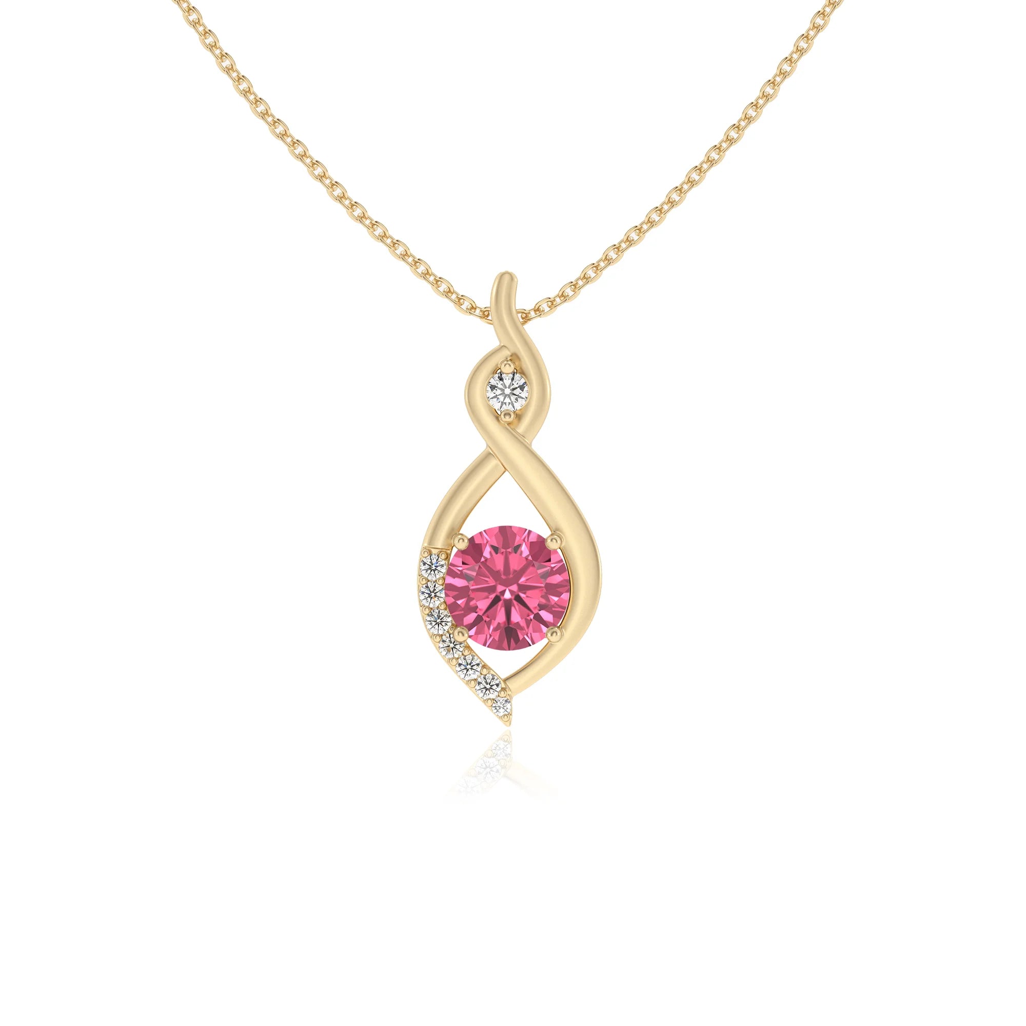 lab grown pink-tourmaline round solitaire necklaces in yellow gold 