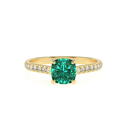 lab grown emerald cushion half eternity solitaire engagement rings in yellow gold 