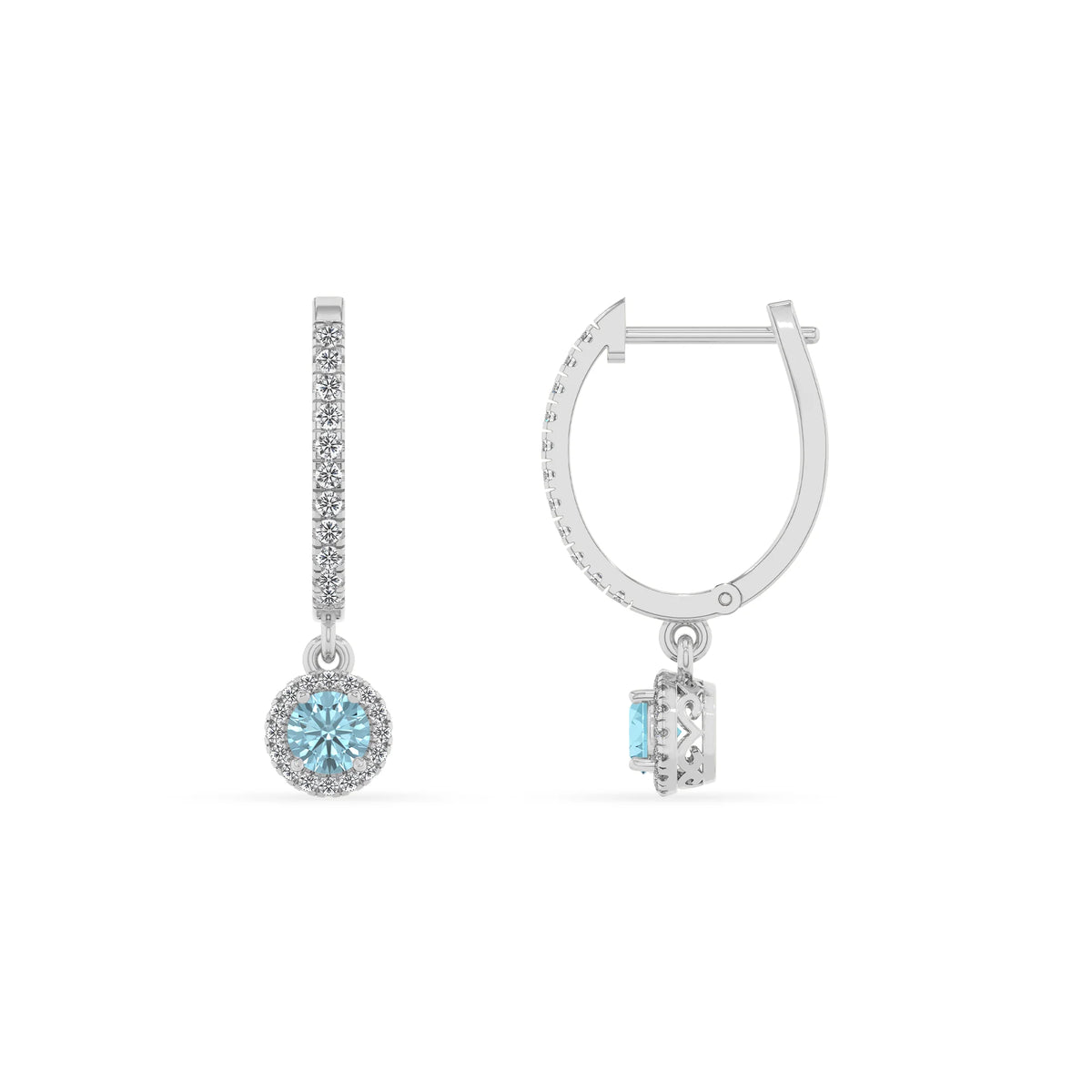 lab grown aquamarine round drop earrings in white gold 
