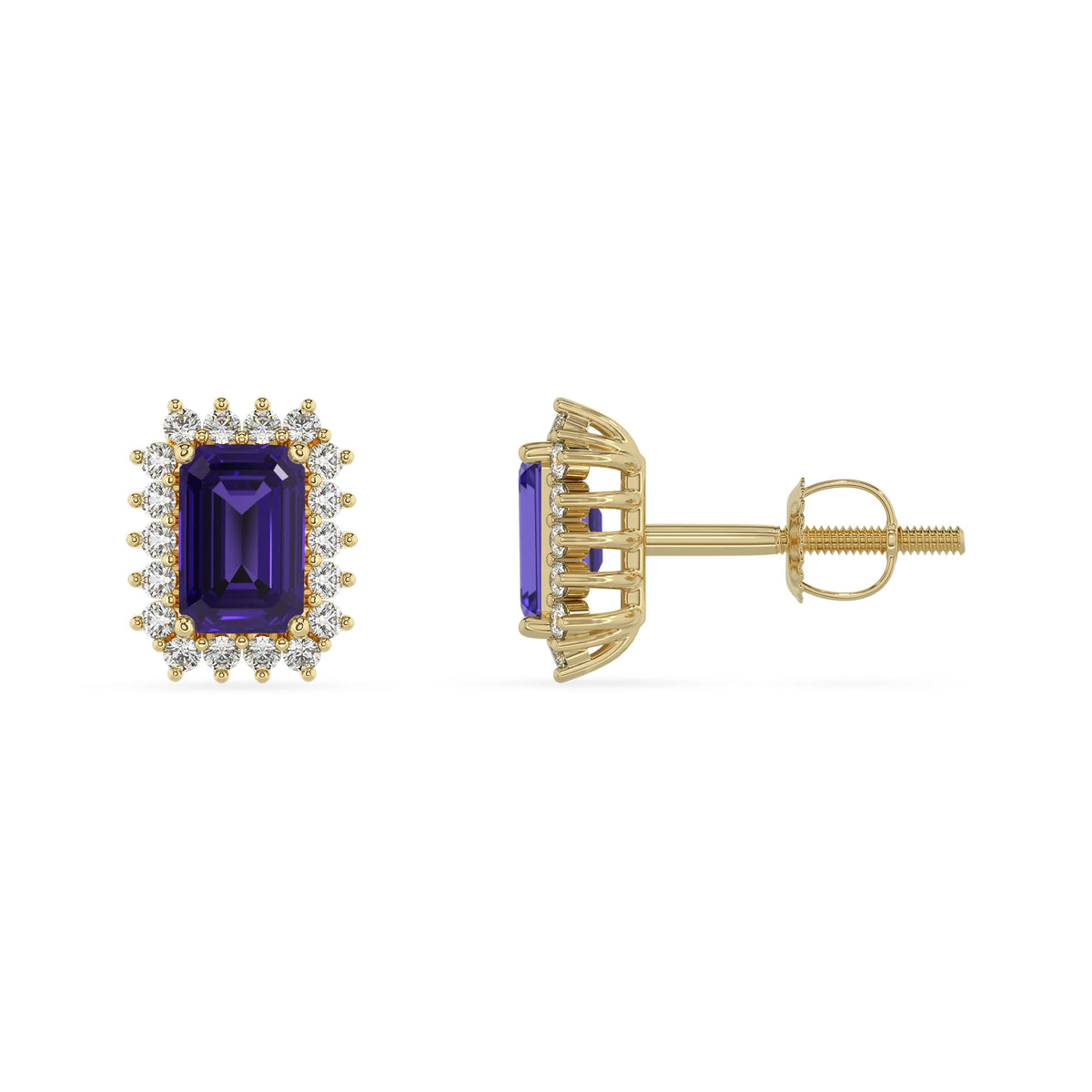 lab grown tanzanite emerald cut stud earrings in yellow gold 