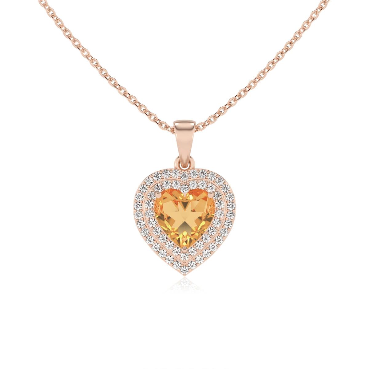 lab grown citrine heart halo necklaces in rose gold 