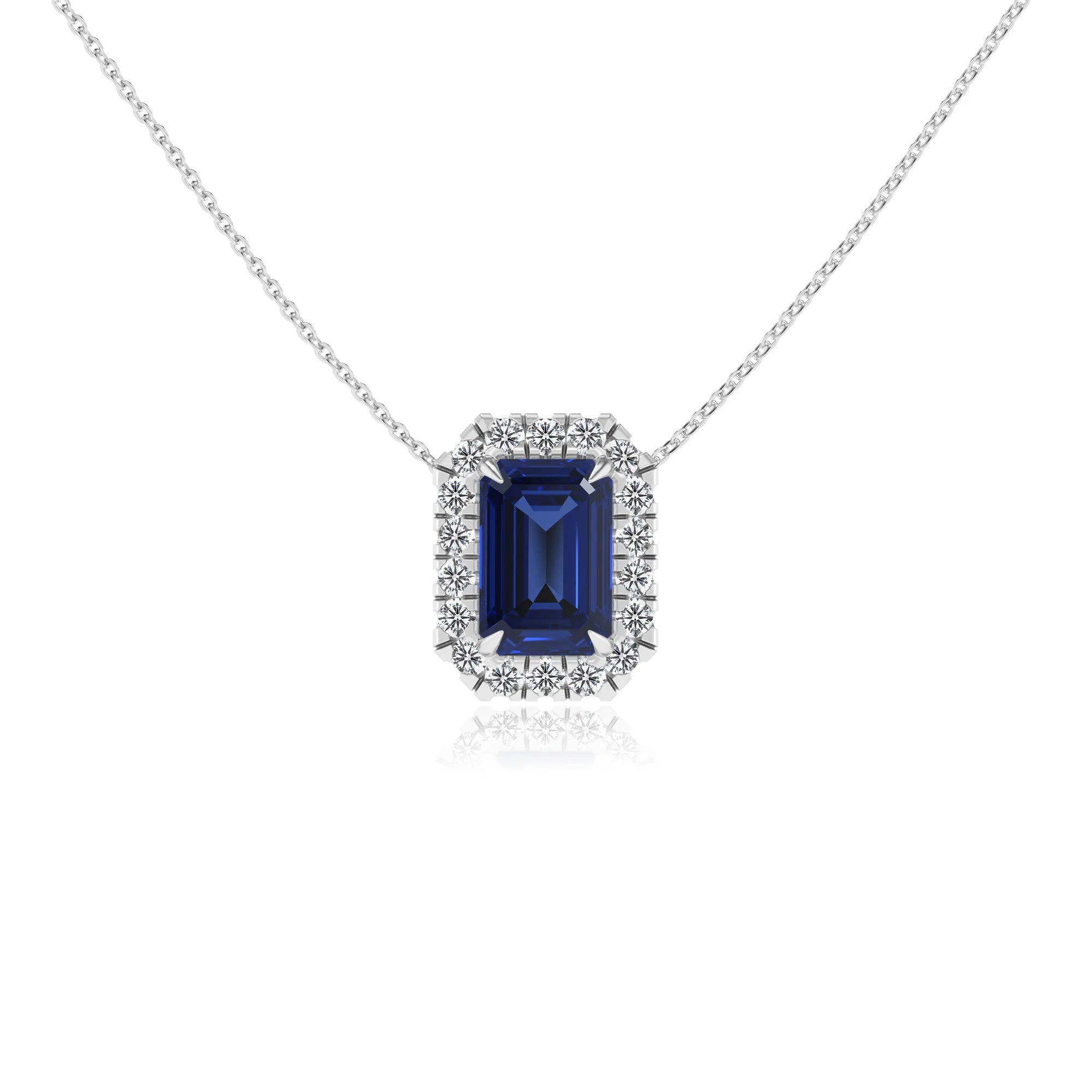 lab grown blue sapphire emerald cut solitaire necklaces in white gold 