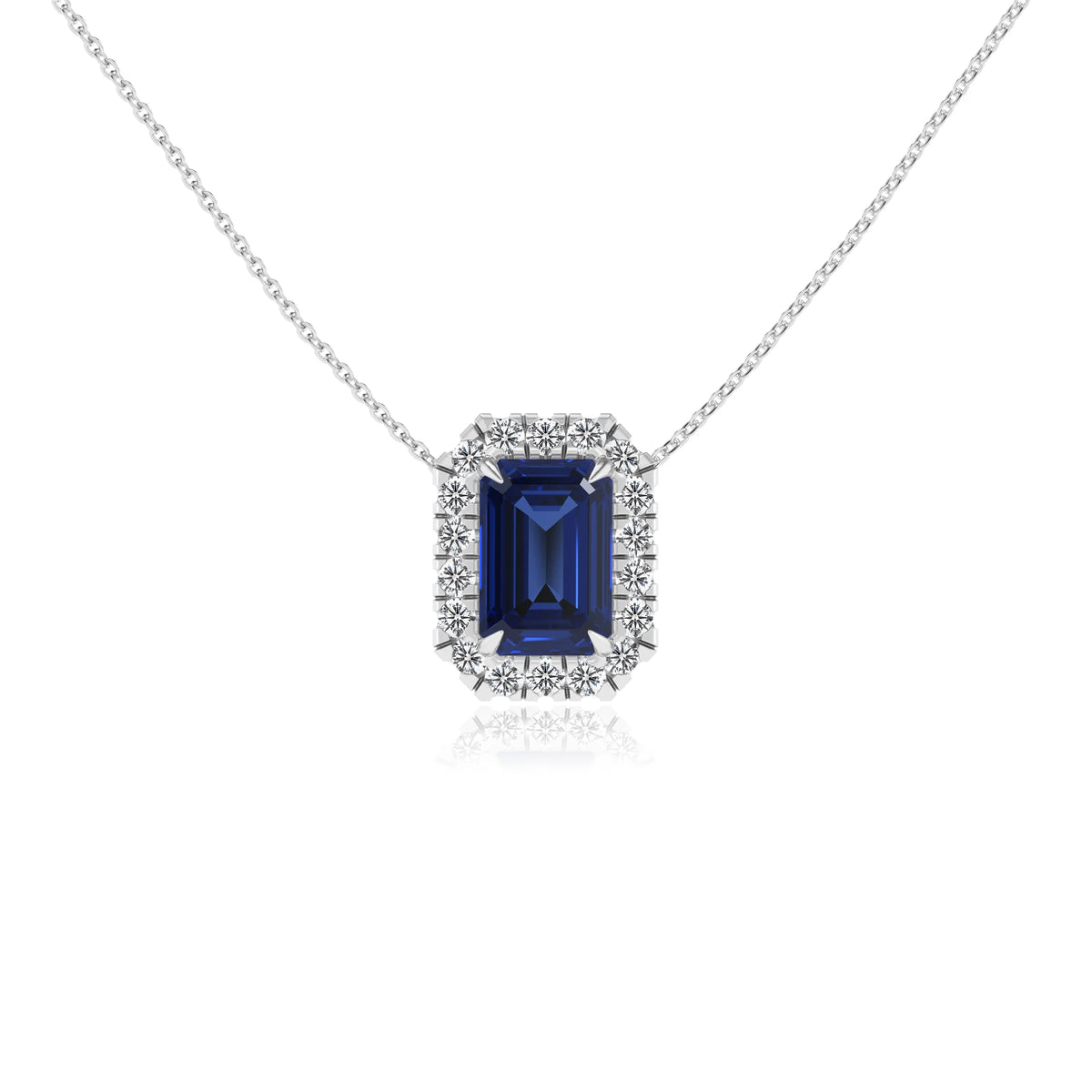lab grown blue sapphire emerald cut solitaire necklaces in white gold 