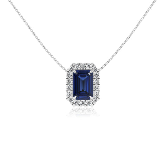 lab grown blue sapphire emerald cut solitaire necklaces in white gold 