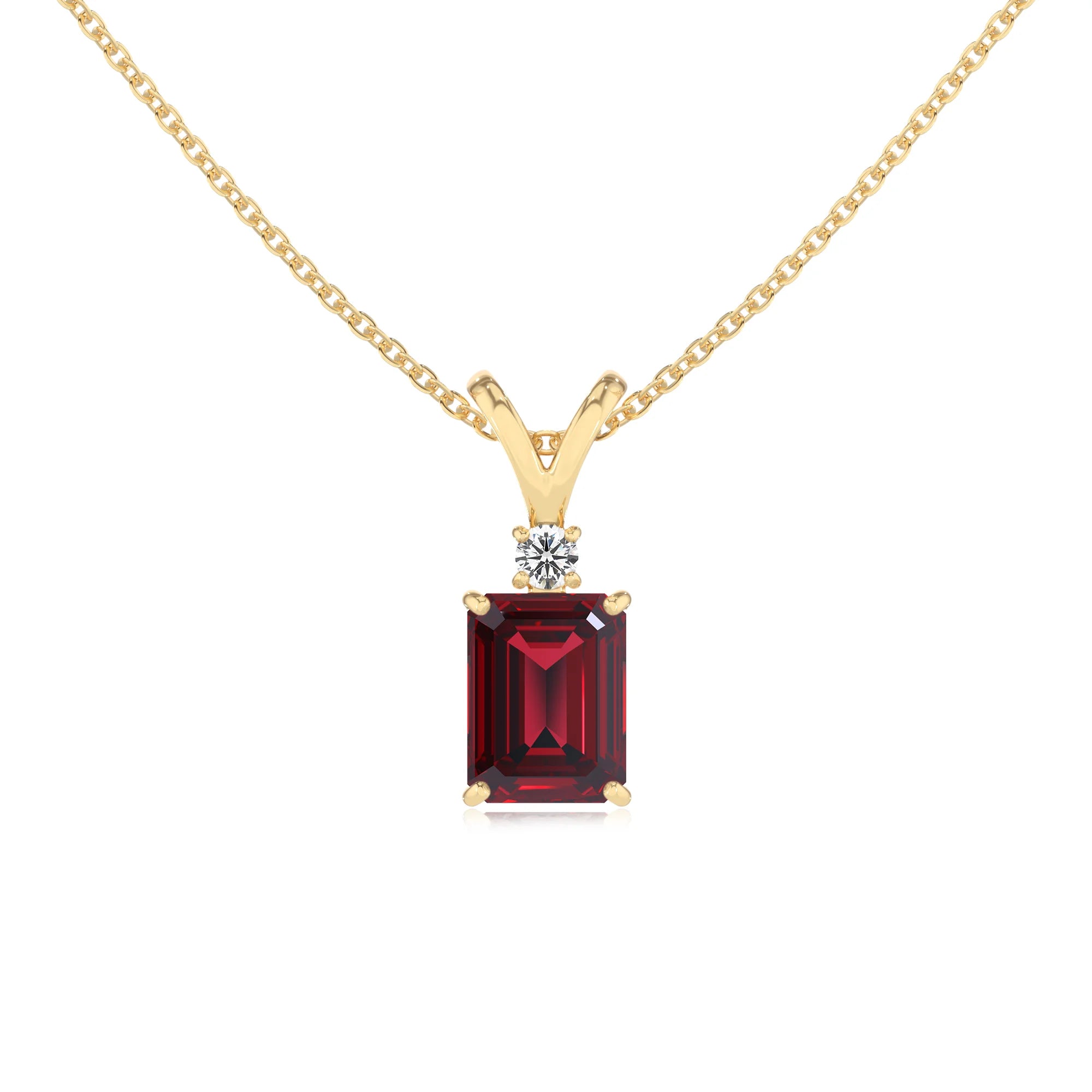 lab grown ruby emerald cut solitaire v-bale necklaces in yellow gold 