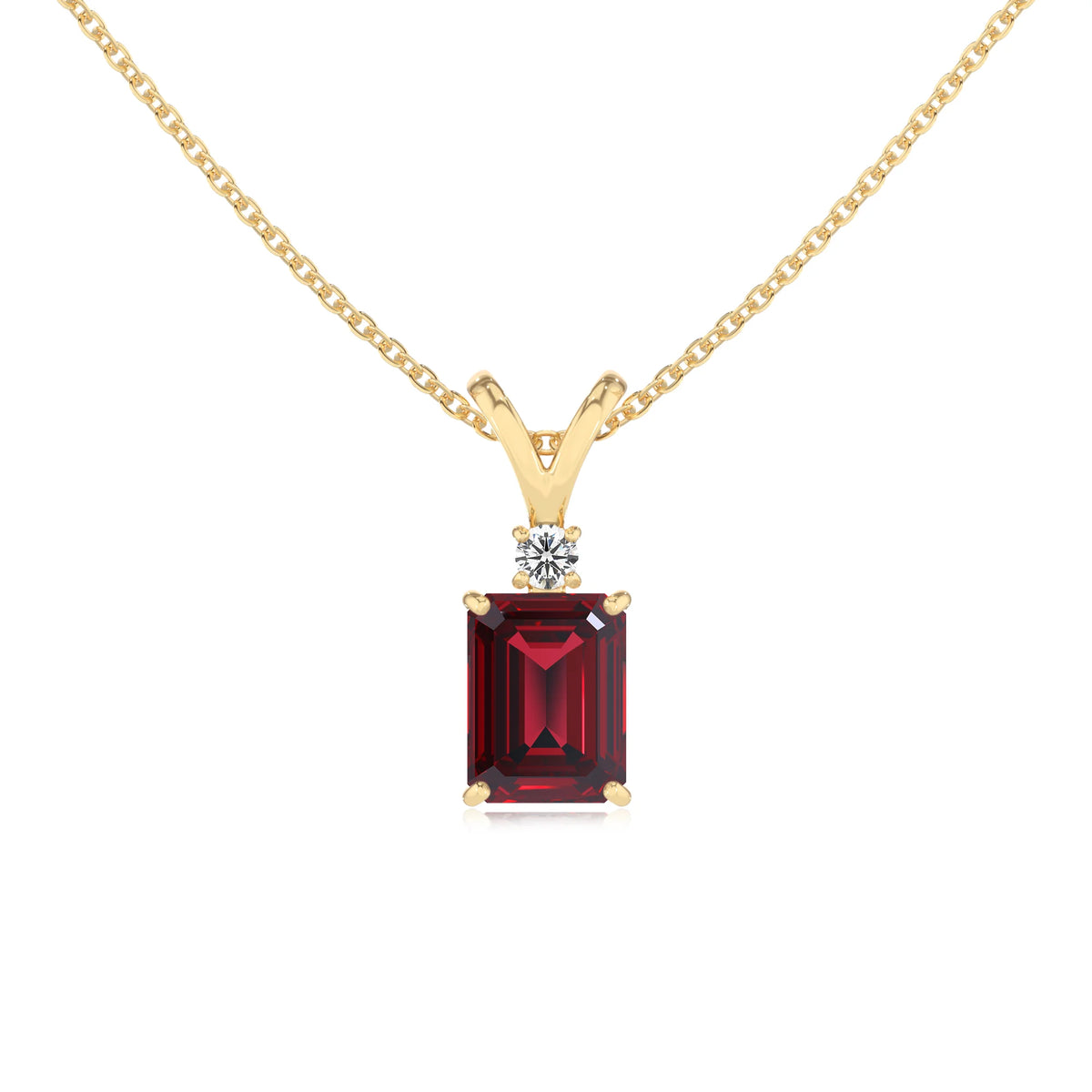 lab grown ruby emerald cut solitaire v-bale necklaces in yellow gold 