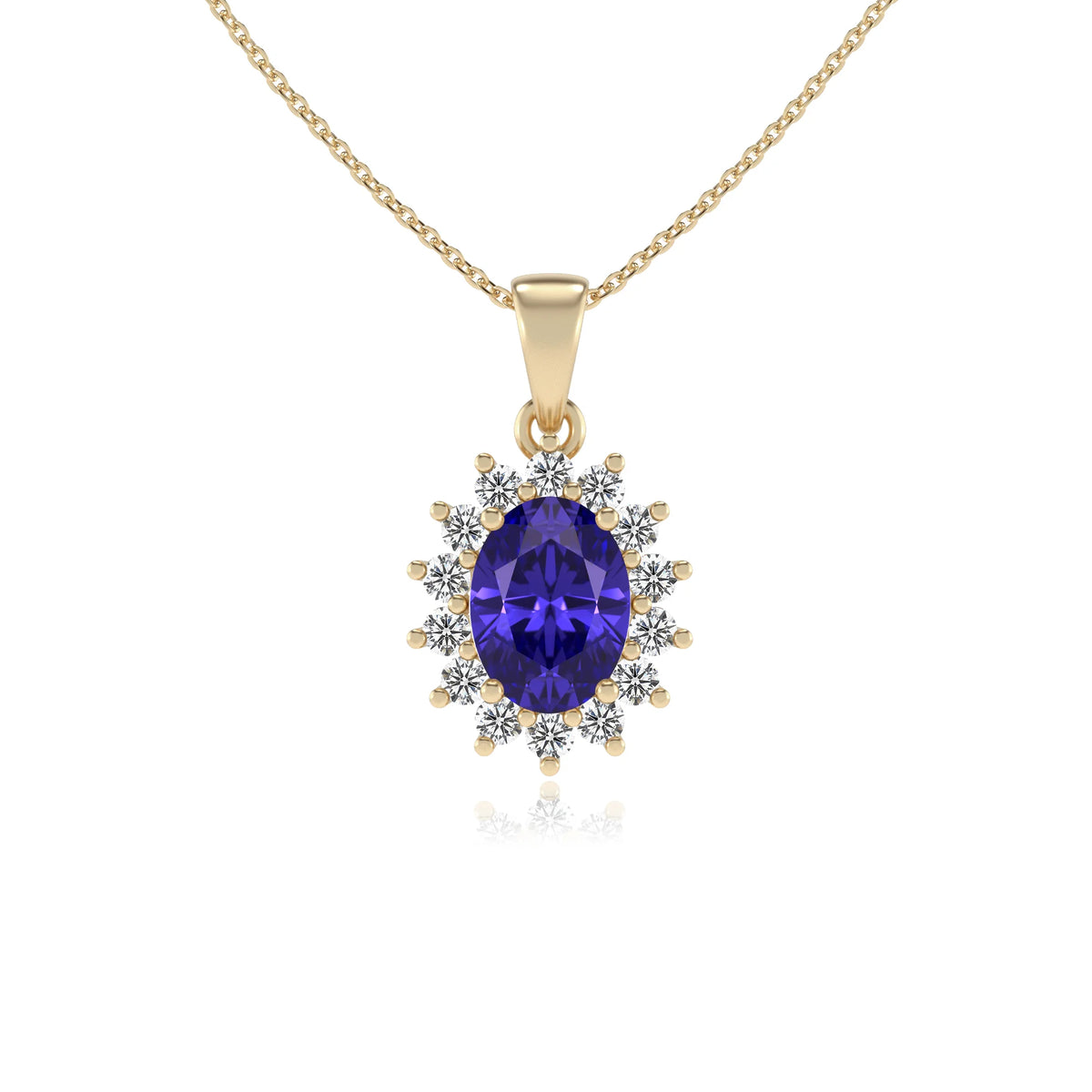 lab grown tanzanite oval halo necklaces in yellow gold 