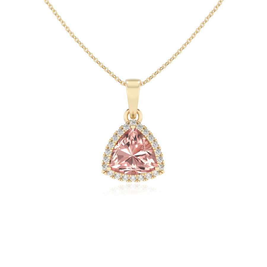 lab grown morganite trillion solitaire necklaces in yellow gold 