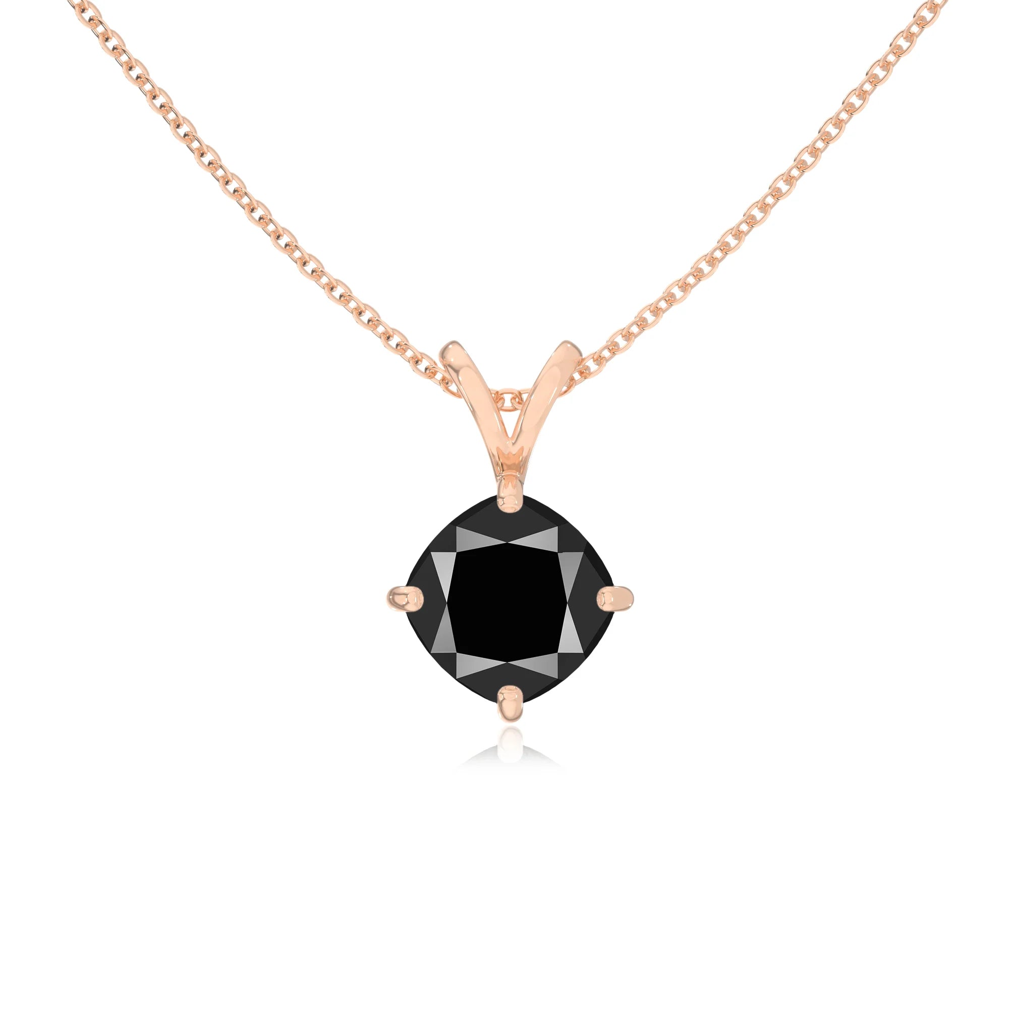 natural black-onyx cushion solitaire v-bale necklaces in rose gold 