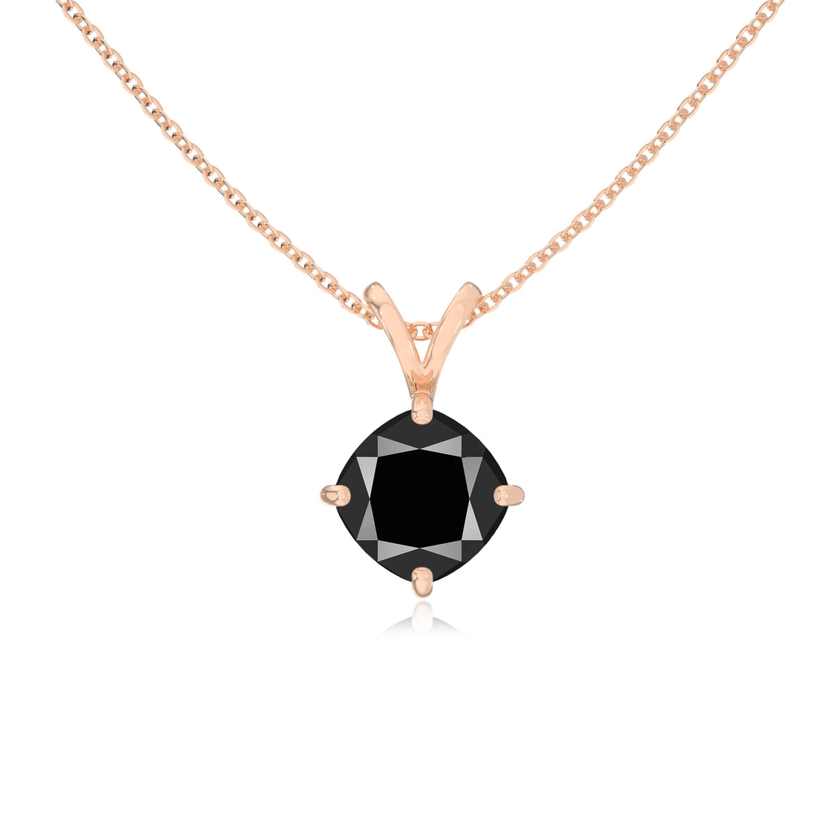 natural black-onyx cushion solitaire v-bale necklaces in rose gold 