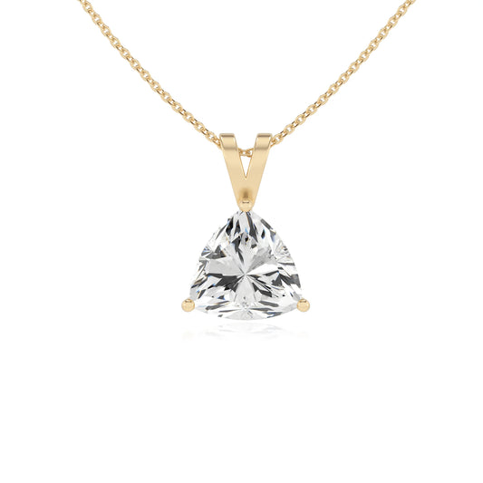 lab grown moissanite trillion solitaire v-bale necklaces in yellow gold 