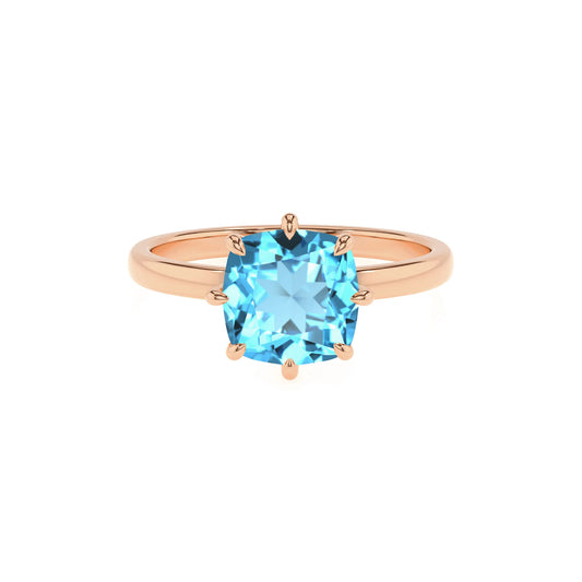 natural swiss-blue-topaz cushion solitaire rings in rose gold 