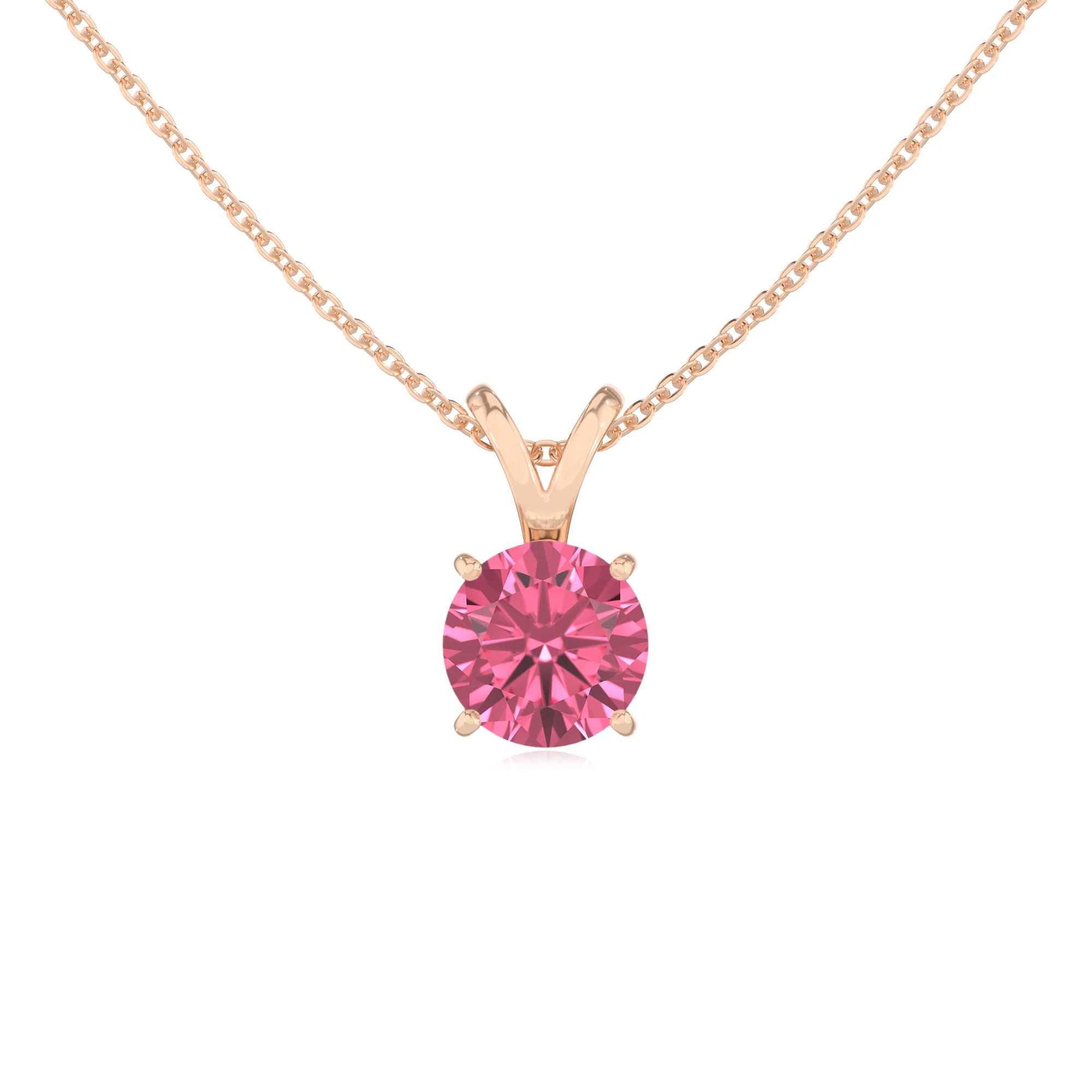 lab grown pink-tourmaline round solitaire v-bale necklaces in rose gold 