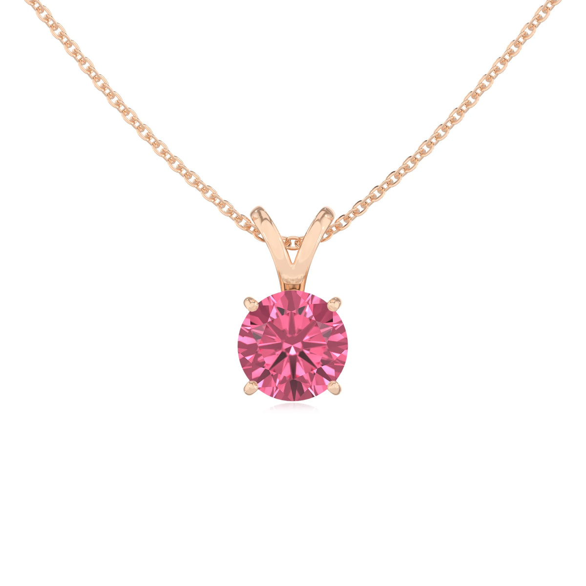 lab grown pink-tourmaline round solitaire v-bale necklaces in rose gold 