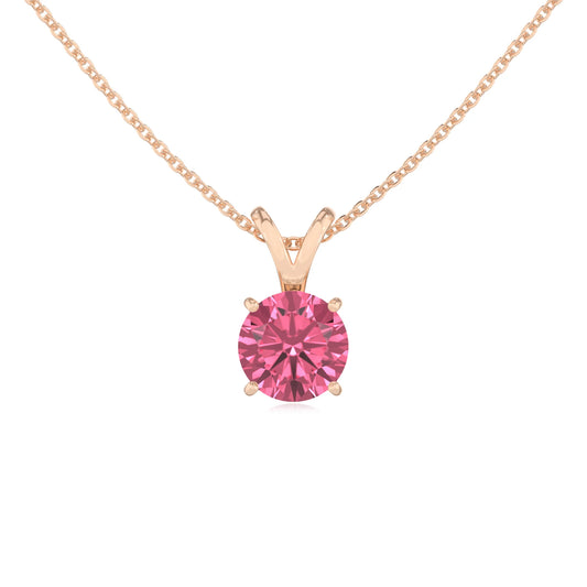 lab grown pink-tourmaline round solitaire v-bale necklaces in rose gold 