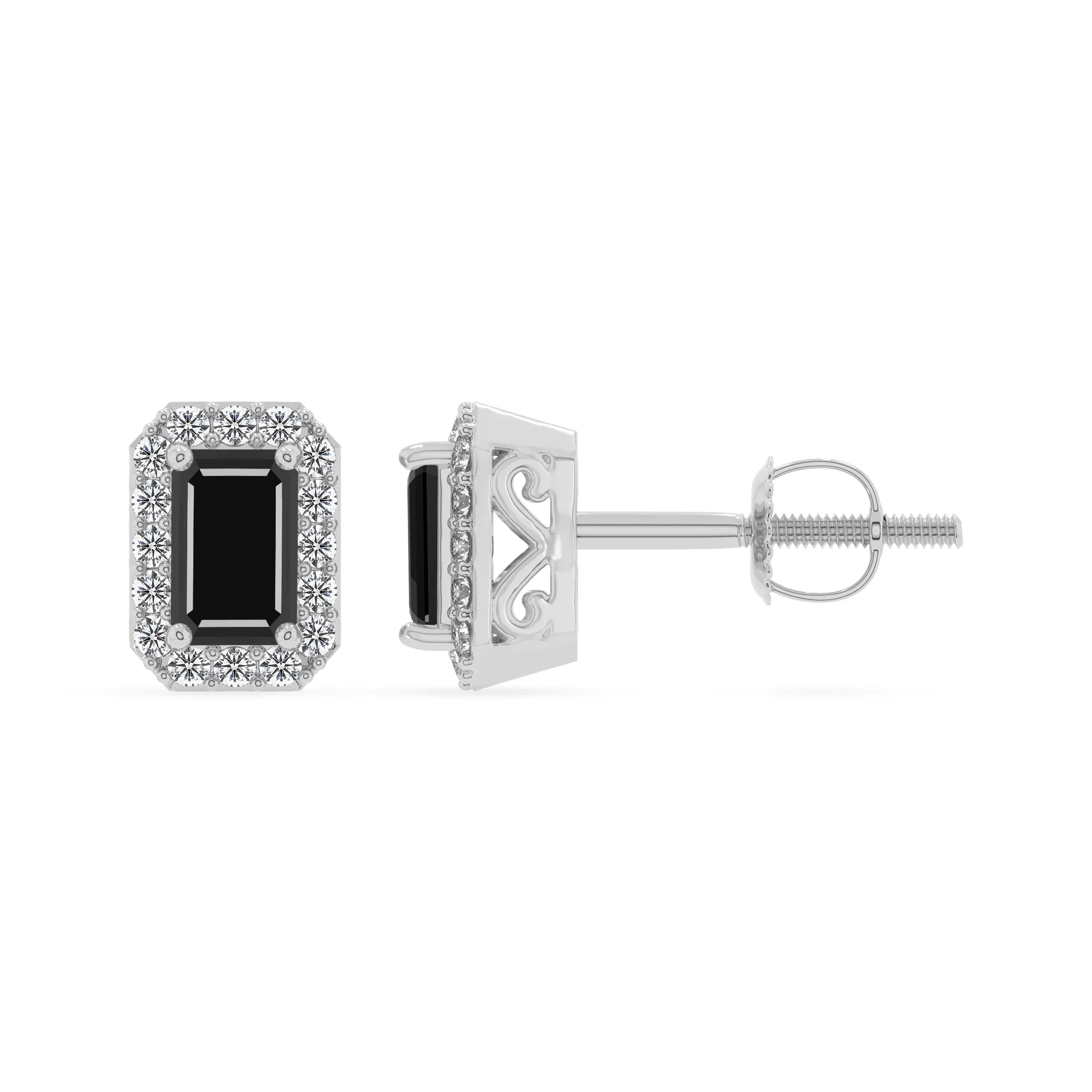 natural black onyx emerald cut stud earrings in platinum 