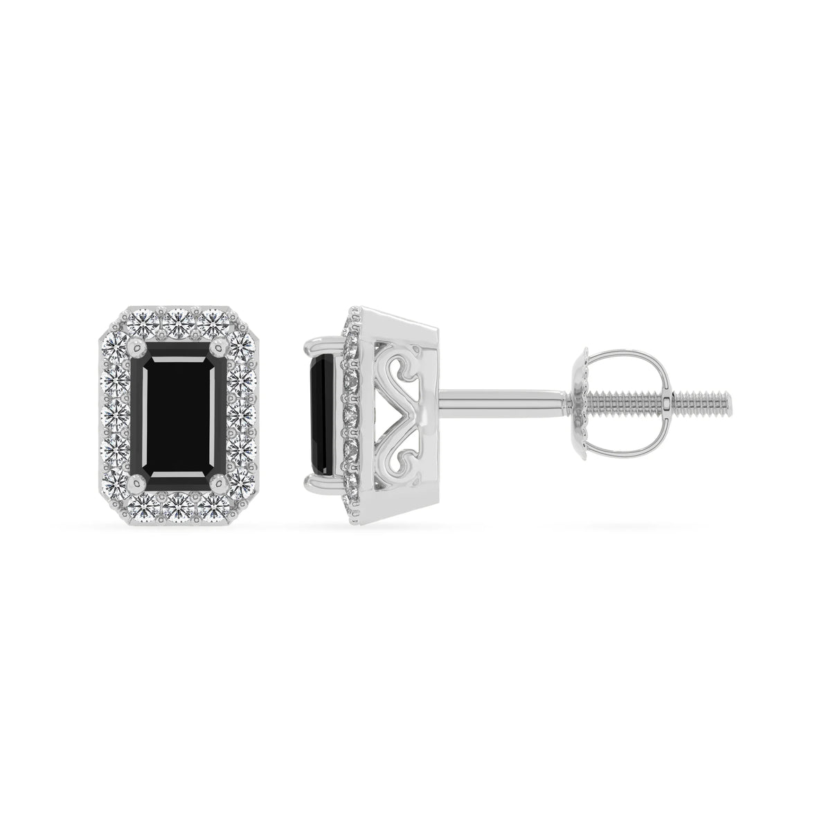 natural black onyx emerald cut stud earrings in platinum 
