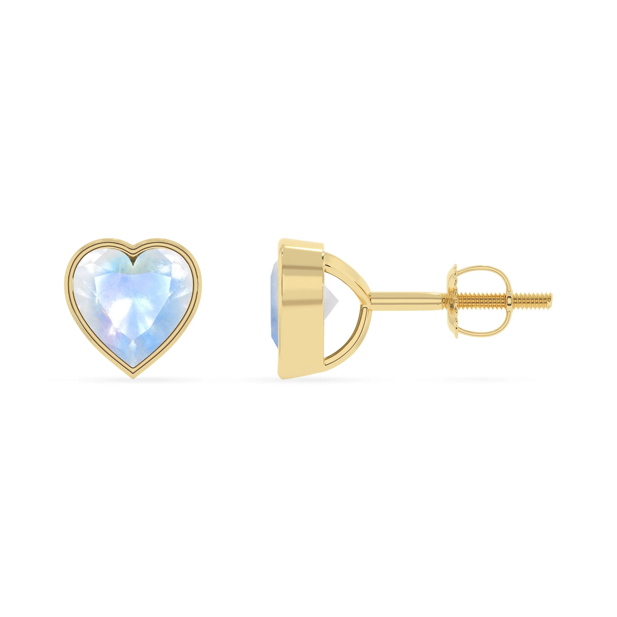 natural rainbow moonstone heart stud earrings in yellow gold 