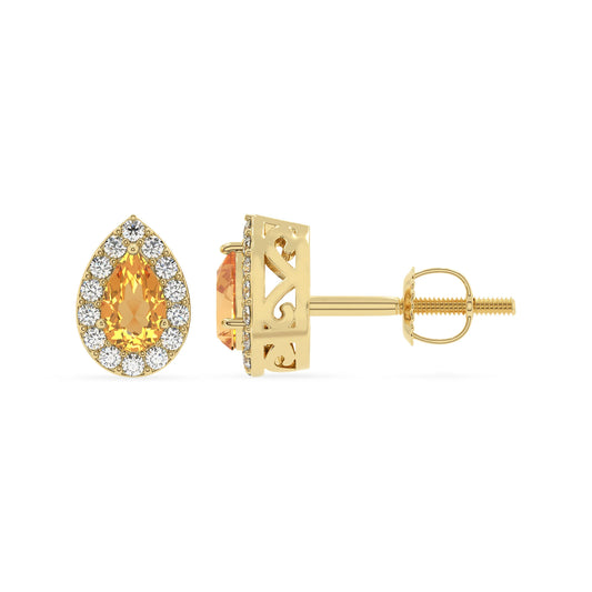 lab grown citrine pear stud earrings in yellow gold 