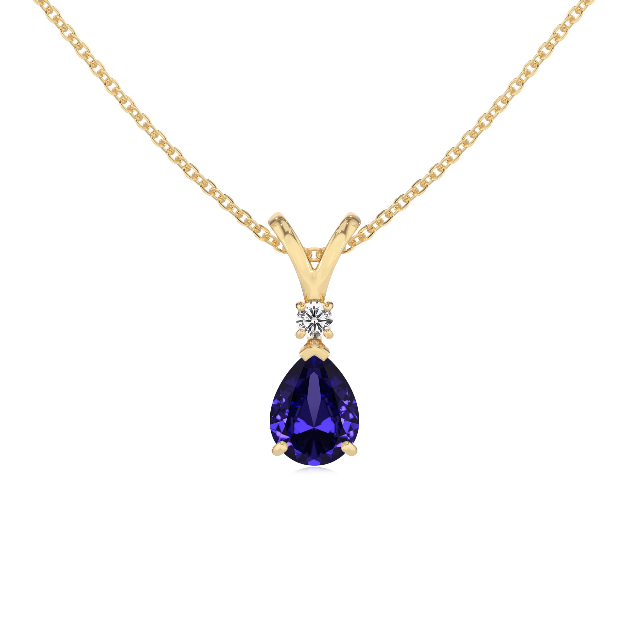 lab grown tanzanite pear solitaire v-bale necklaces in yellow gold 