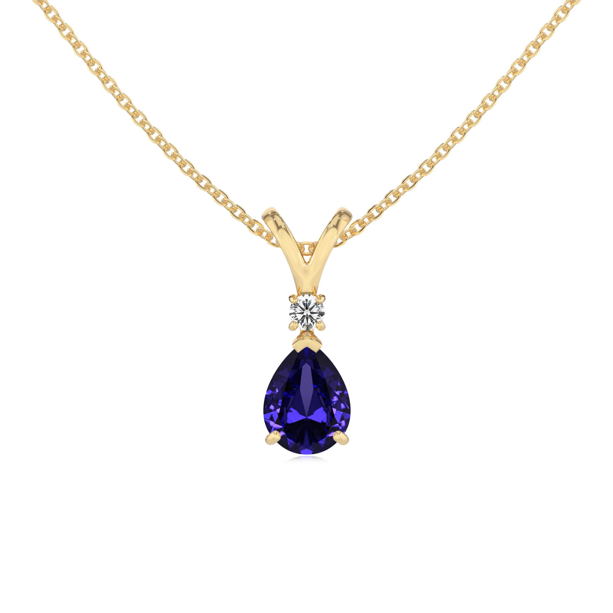 lab grown tanzanite pear solitaire v-bale necklaces in yellow gold 