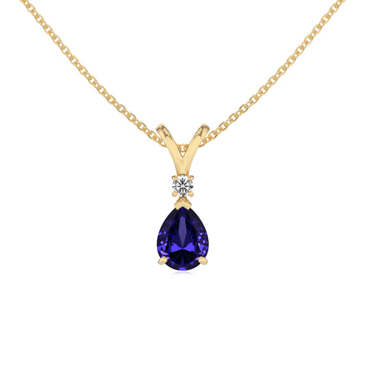 lab grown tanzanite pear solitaire v-bale necklaces in yellow gold 