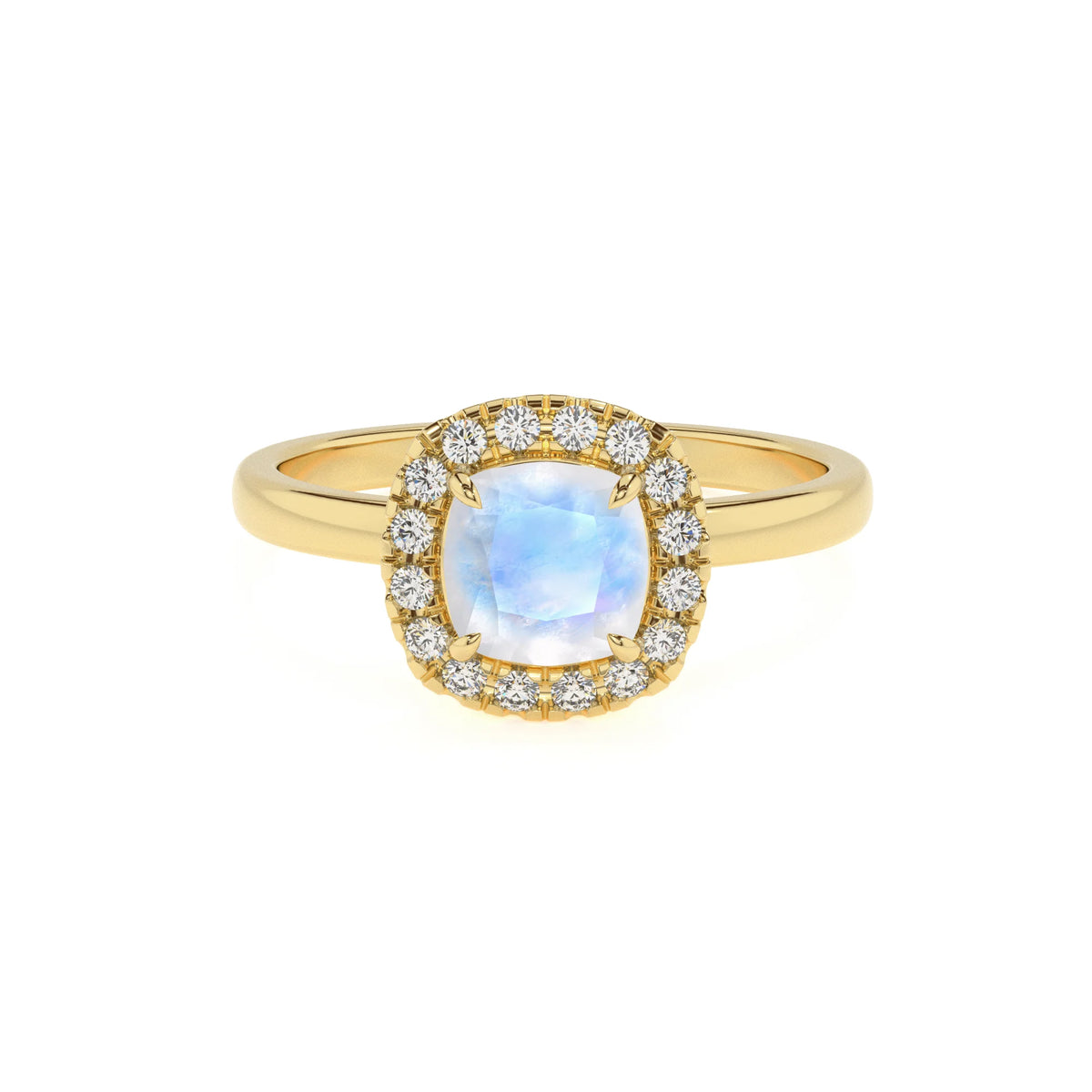 natural rainbow-moonstone cushion solitaire rings in yellow gold 