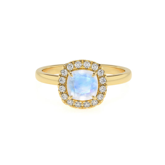 natural rainbow-moonstone cushion solitaire rings in yellow gold 
