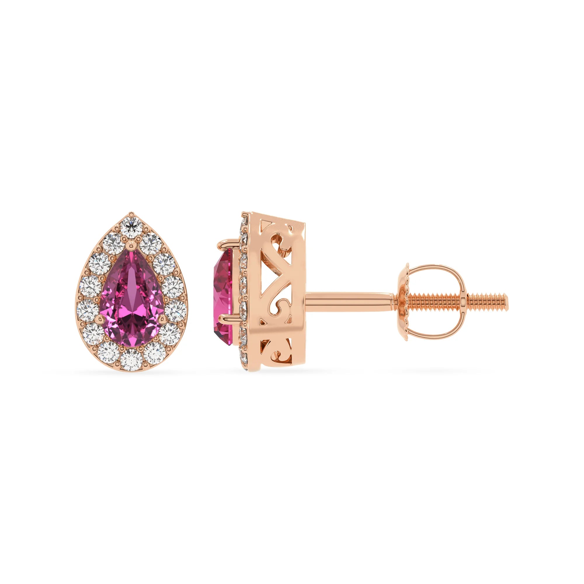 lab grown pink sapphire pear stud earrings in rose gold 