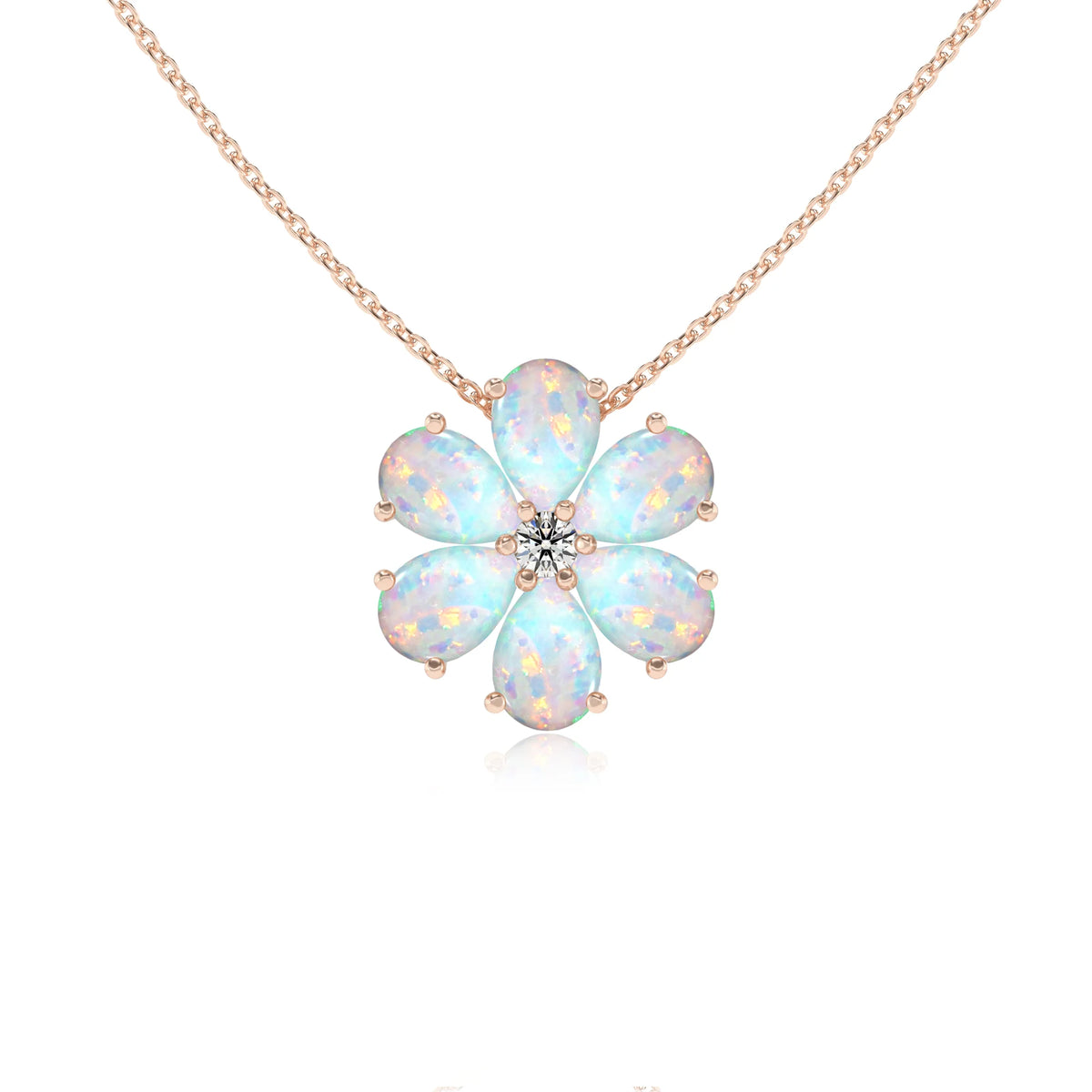 lab grown opal pear solitaire necklaces in rose gold 