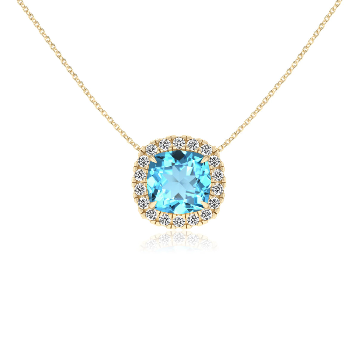 natural swiss blue topaz cushion solitaire necklaces in yellow gold 