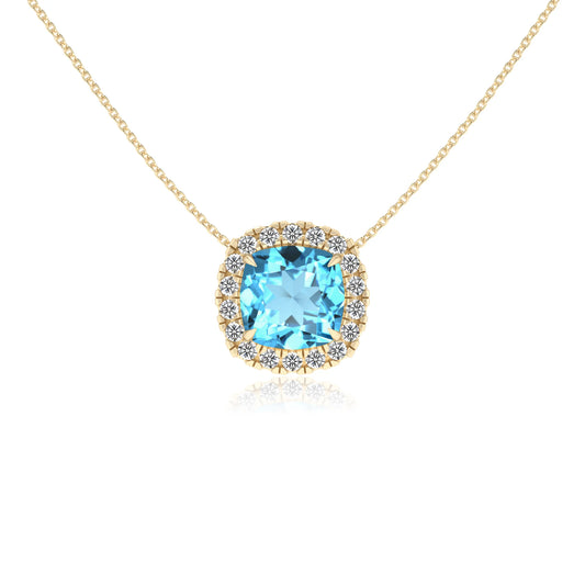 natural swiss blue topaz cushion solitaire necklaces in yellow gold 
