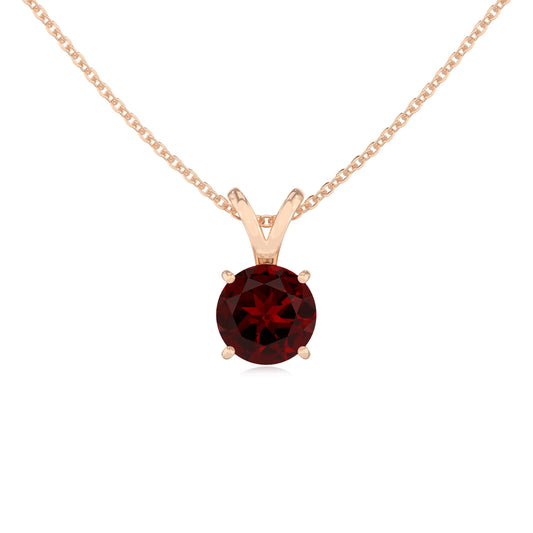 natural garnet round solitaire v-bale necklaces in rose gold 