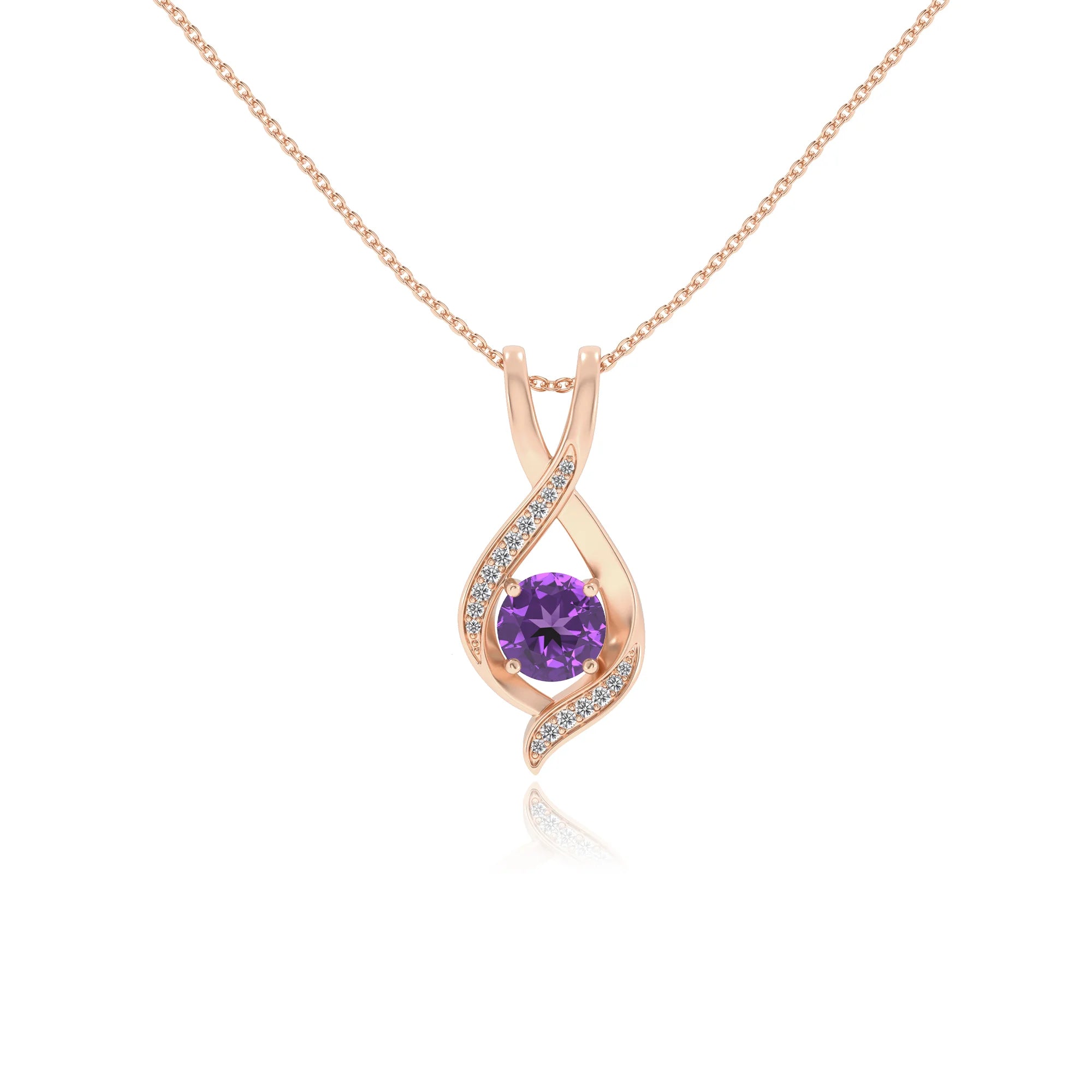 lab grown amethyst round solitaire necklaces in rose gold 