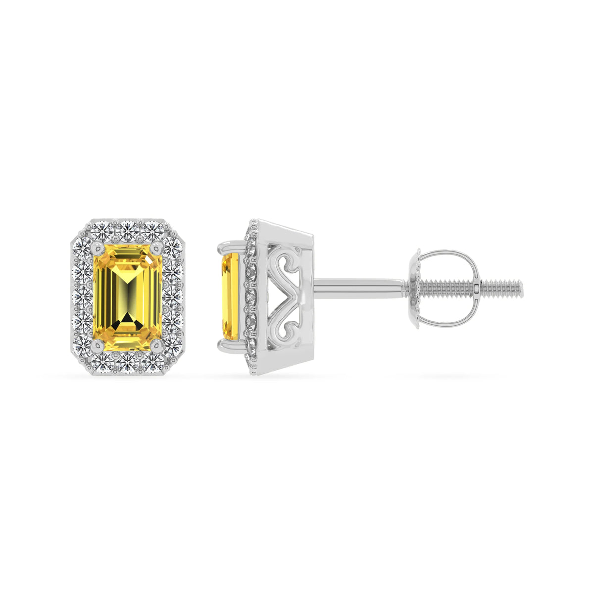 lab grown yellow sapphire emerald cut stud earrings in platinum 