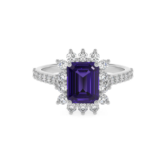 lab grown tanzanite emerald cut solitaire rings in platinum 