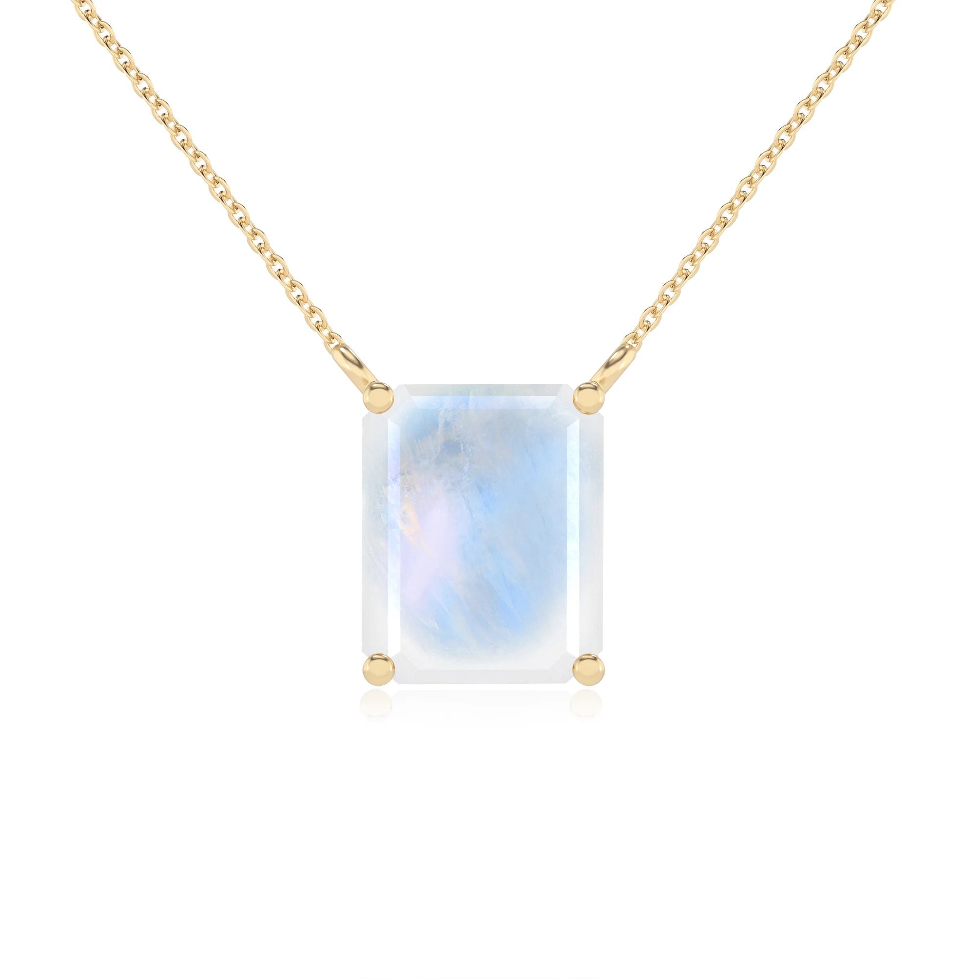 natural rainbow-moonstone emerald cut solitaire necklaces in yellow gold 