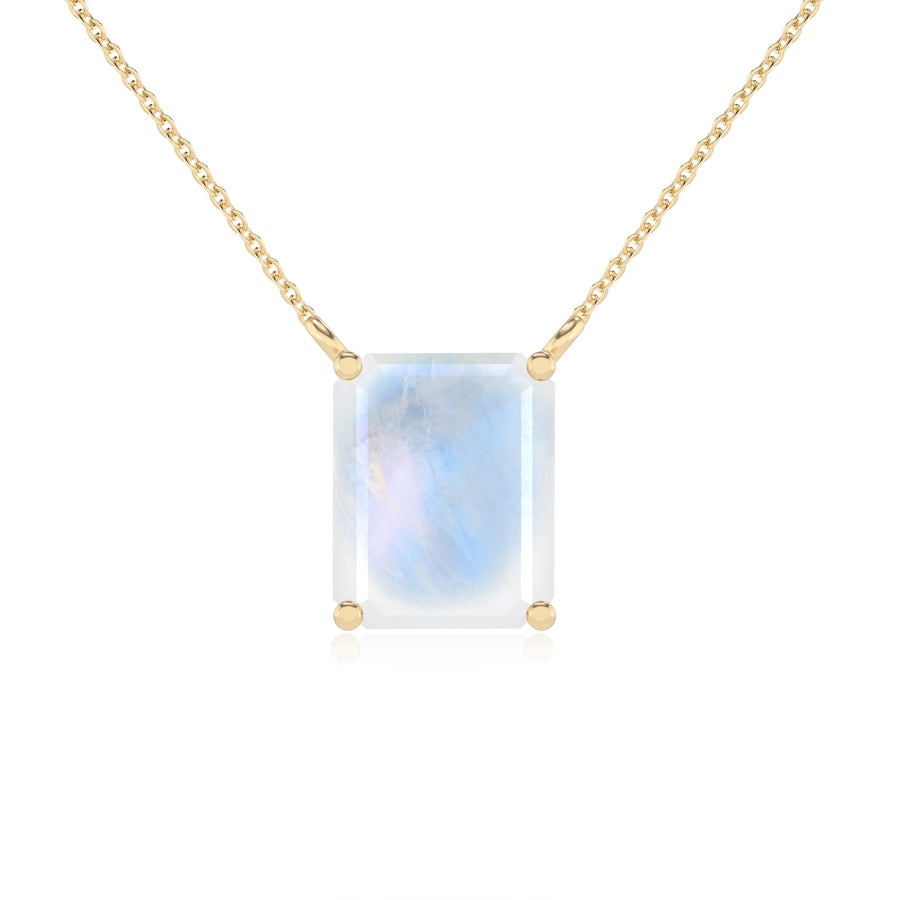 natural rainbow-moonstone emerald cut solitaire necklaces in yellow gold 