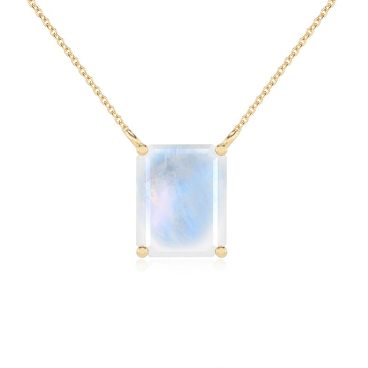 natural rainbow-moonstone emerald cut solitaire necklaces in yellow gold 